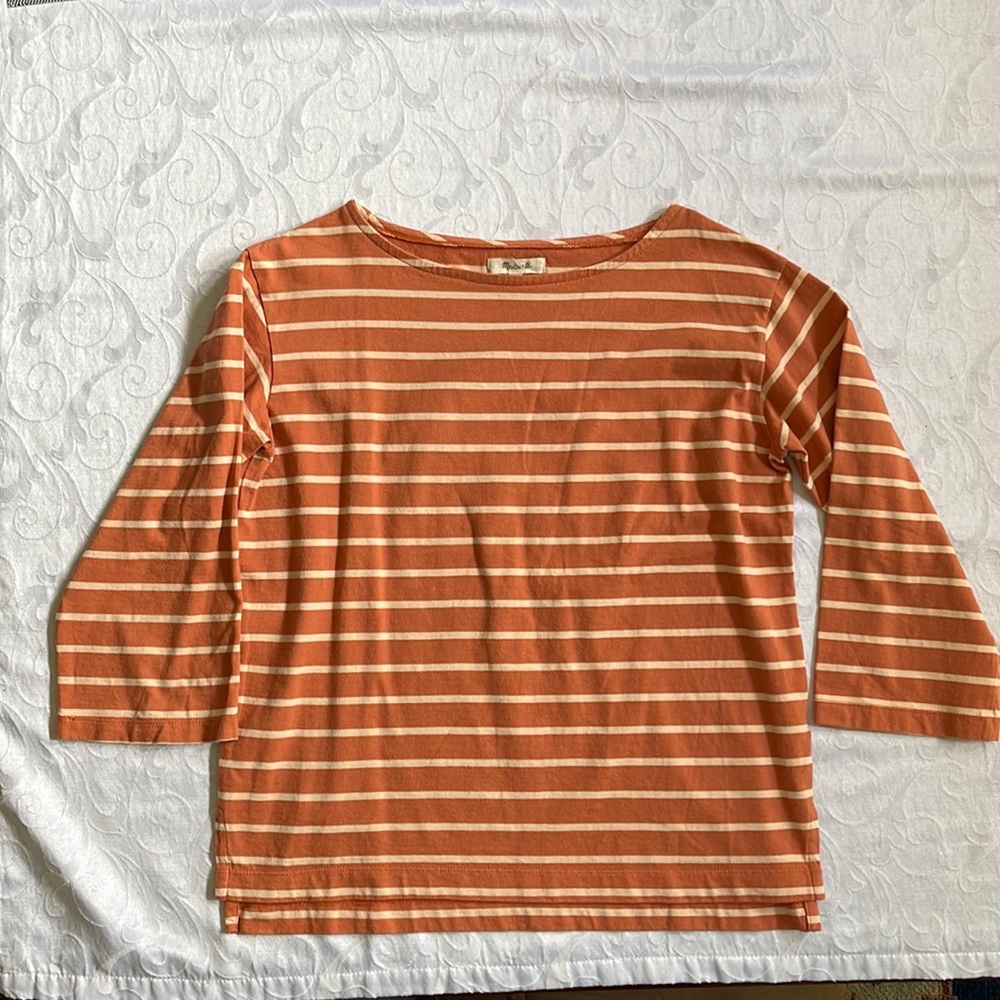 Gently used Madewell XS loose fitting 3/4 sleeve orange striped top